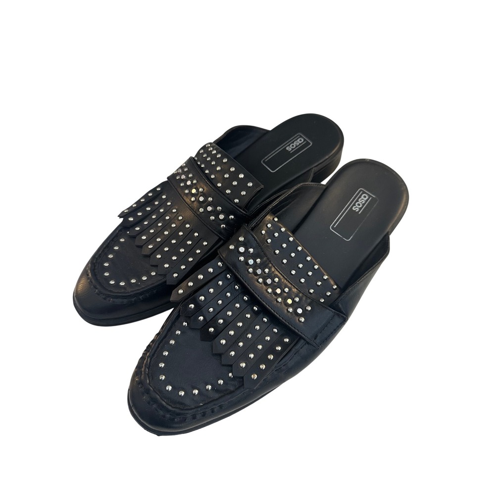 ASOS Women's Black Studded Kiltie Fringe Backless Loafer Mules Size 10